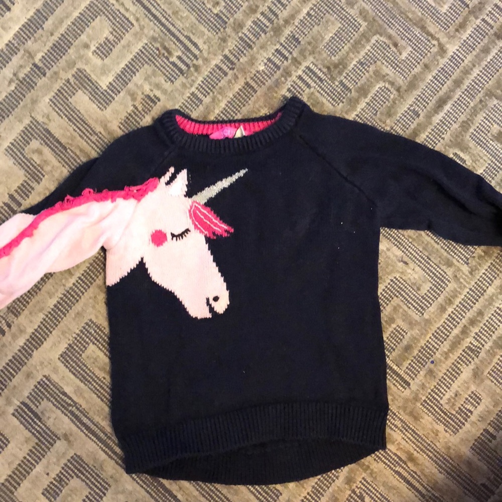 Joules unicorn sleeve navy and pink sweater